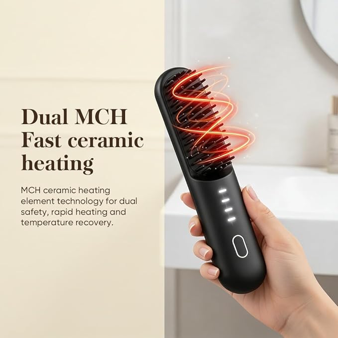 Cordless Hair Straightener Brush 2 in 1 Curl &amp Straighten Styling Tool USB-C Rechargeable Ceramic Heated Brush with 4 Heat Settings Portable Travel Hair Tool for Short &amp Long Hair (Beige)