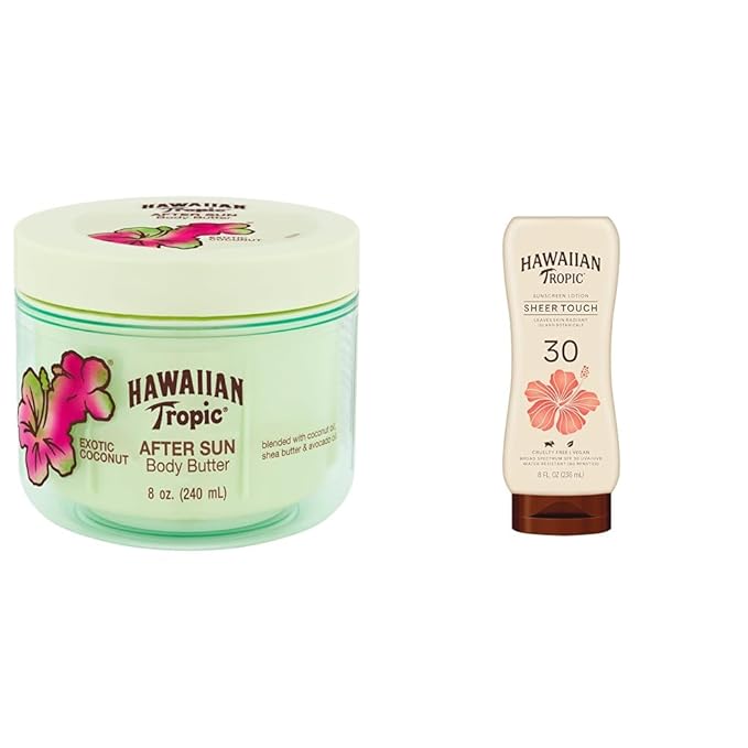 Hawaiian Tropic After Sun Lotion Moisturizer and Hydrating Body Butter with Coconut Oil 8 Ounce &amp Sheer Touch Lotion SPF 30 | Broad Spectrum Sunscreen 8oz