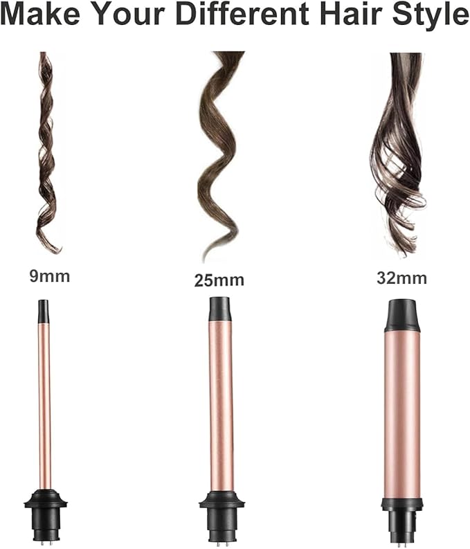 3 in 1 Curling Iron Set Hair Curling Wand Set with 3 Interchangeable Ceramic Curling Barrel(0.35”-1.25”) Instant Heat Up Dual Voltage Hair Curler Beach Waves Include Glove
