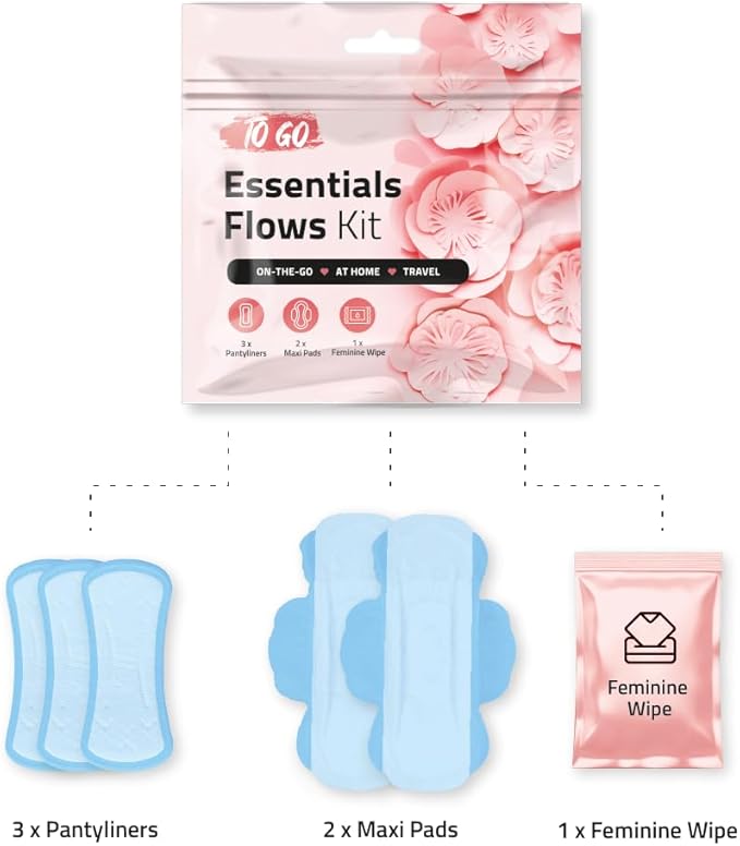pH Advantage Essential Flows Period Kit (10 Pack) - 3 Pantyliners 2 Maxi Pads &amp Feminine Wipe | Hygiene Essentials for School First Period (Red)