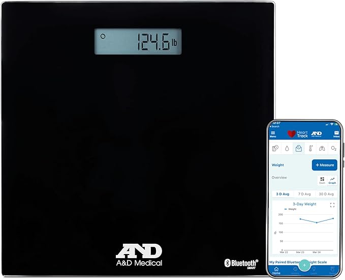 A&ampD Medical Digital Body Weight Scale - UC-352BLE - Bluetooth Bathroom Weight Machine Syncs with A&ampD Heart Track App - 450lb (200kg) - Batteries Included Black