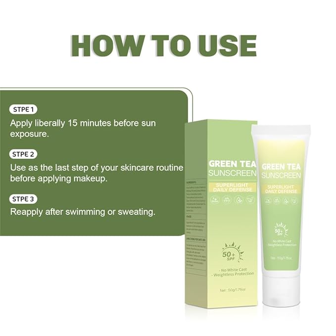 2PCS Green Tea Sunscreen for Face SPF 50 Facial Sunscreen Non-Greasy &amp No White cast Lightweight Hydrating
