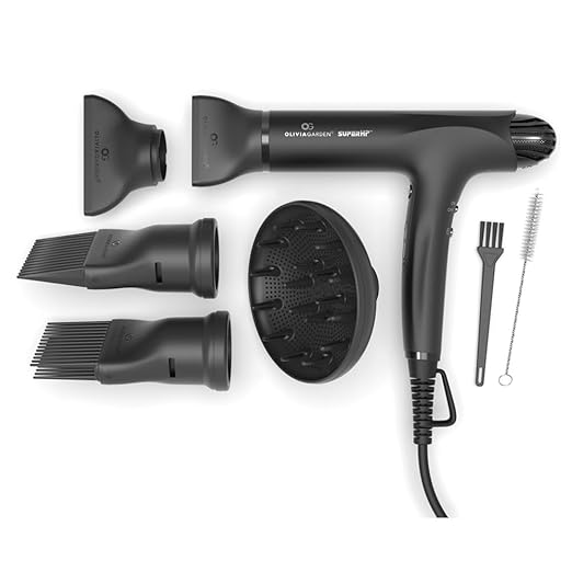 Olivia Garden 1875W SuperHP Professional Hair Dryer for All Hair Types - Quiet Fast Drying Blow Dryer - Powerful Ionic Generator - 5 Attachments Including 2 Comb and 1 Diffuser Attachments