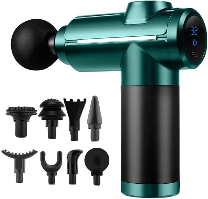 Massage Gun Home-use Exercise Muscle Relaxation Massager 32 Speeds and 8 Massages Heads Silent Extremely Long Battery Life Portable Handheld for LegsBackArmsWaist Pain Relief (Green)