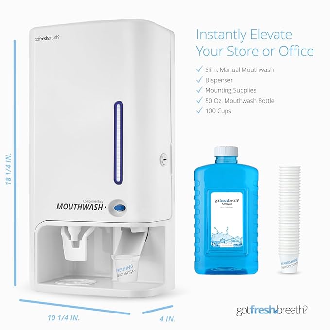GotFreshBreath Commercial Mouthwash Dispenser with Cup Holder – Standing or Wall-Mounted Slim Commercial Mouthwash Dispenser with 100 Cups &amp 50 Oz. Alcohol-Free Mouthwash (White)