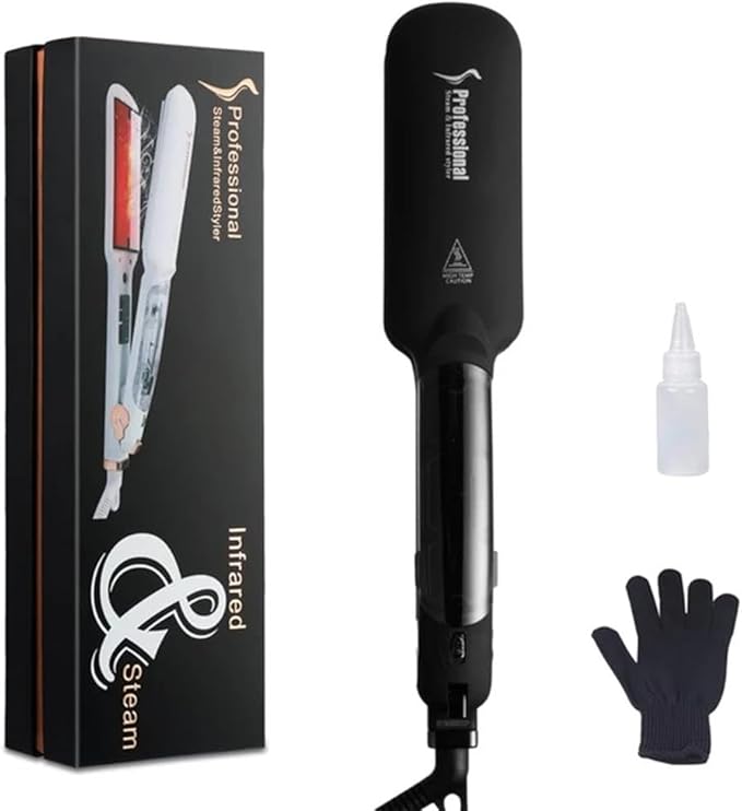 Professional Infrared Steam Hair Straightener 2 inch Tourmaline Ceramic Flat Iron Vapor Instant Heat Up with Adjustable Temperature Dual Voltage (Black)