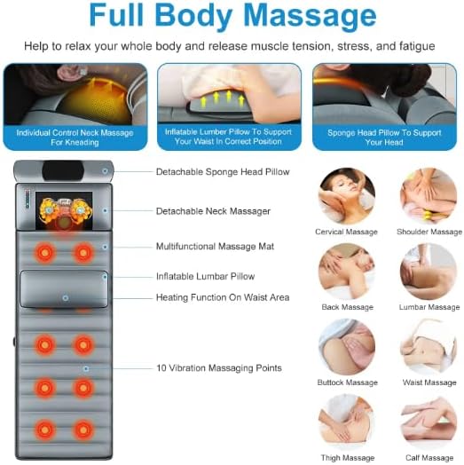 Full Body Electric Massage Mat with Heat Vibration Pad Cushion Back Massager with Neck Pillow 10 Motors 3 Timers Anti-Slip