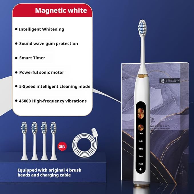 Magnetic Levitation Sonic Adult Electric Toothbrush USB Charging Fully Automatic Vibrating Soft Bristled Toothbrush Provide 5 Cleaning Modes 3 Intensities 4 Soft Brush Heads. (Magnetic White)