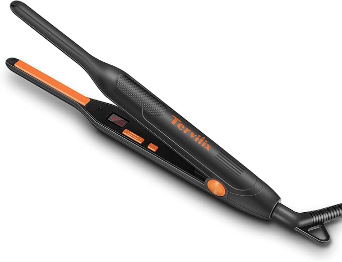 Terviiix Small Flat Iron for Short Hair Temperature Adjustable Pencil Flat Iron Fast Heat Up 3/10 Inch Beard Straightening Iron Dual Voltage with Tourmaline Ceramic Plates Auto Shut Off