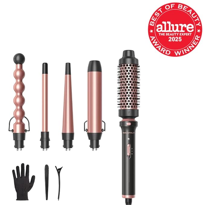 Wavytalk 5 in 1 Curling Wand Set Multi Curl Curling Wand Set with Thermal Brush and 4 Interchangeable Ceramic Curling Wand(0.5”-1.25”) Instant Heat Up Wand Curling Iron (Rose Gold) (Pack of 2)