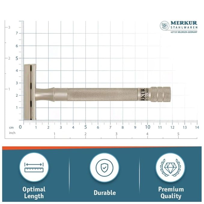 MERKUR 23 INOX Stainless Steel Double Edge Safety Razor Satin Finish Long Knurled Handle Three Piece Closed Comb