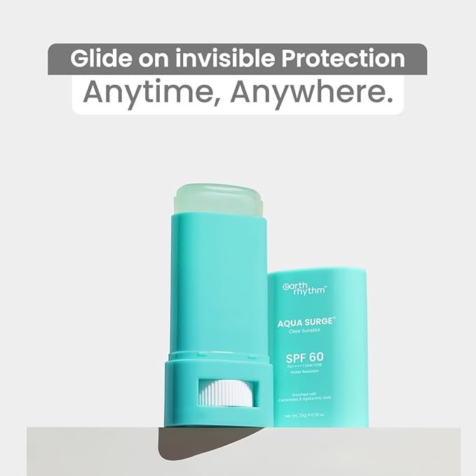 Earth Rhythm Aqua Surge Hyaluronic Sunscreen Stick SPF 60 PA++++ UVA/UVB Protection With Hyaluronic Acid &amp Ceramides For Hydration Lightweight No White Cast Sunscreen For Dry Skin - 20g