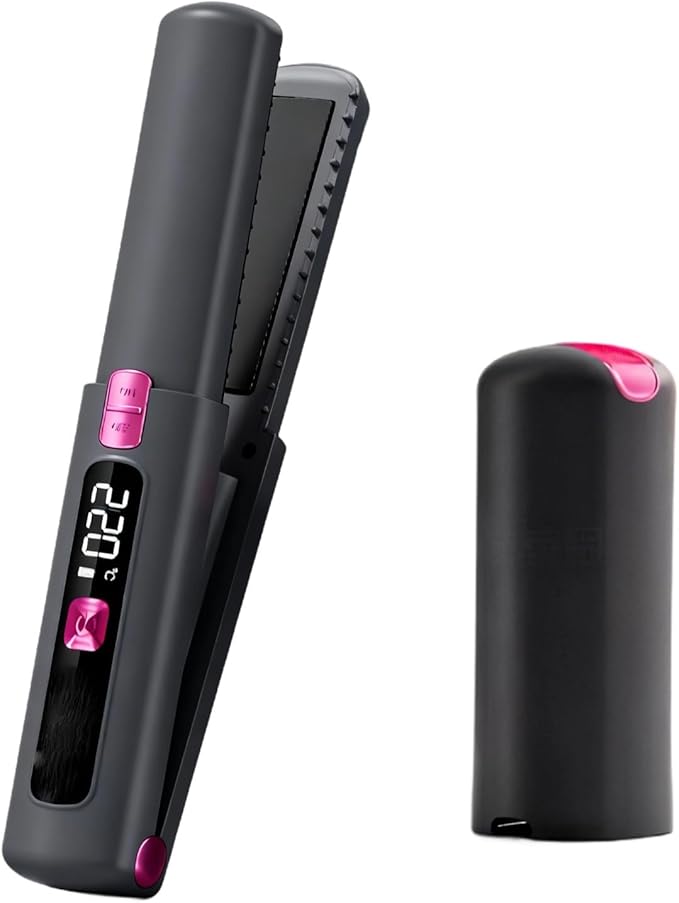 Generic Cordless 2-in-1 Hair Straightener and Curler Mini Portable Flat Iron with 6 Temp Settings USB-C Rechargeable and LCD Display Gray