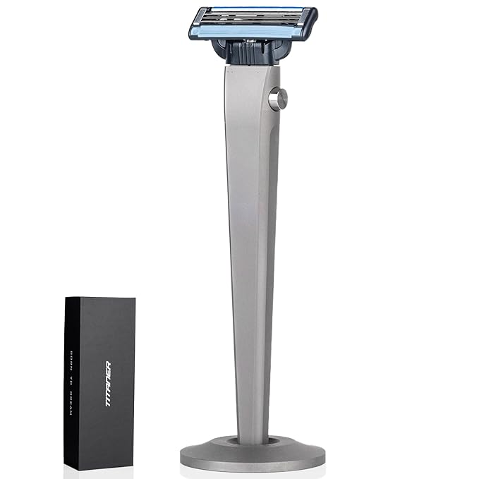 Titanium 3-Layer Razor Handle with Quick Release Button Compatible with Mach3 Blades Rustproof &amp Lightweight Includes Round Stand (Grey)