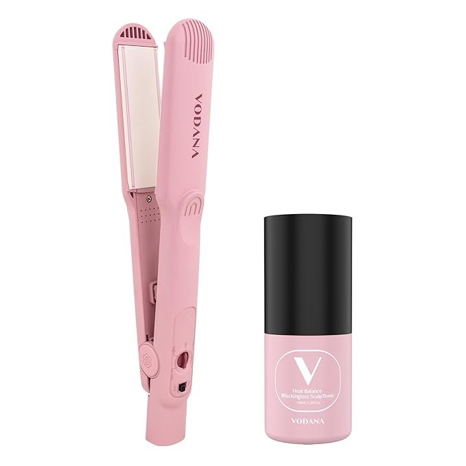 VODANA Professional Hair Irons Bundle Soft Bar Flat Iron 1.5inch Milktea Rose Heat Balance Blockingloss Scalp Tonic