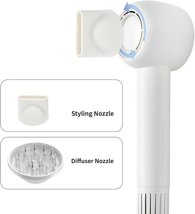High-Speed Ionic Hair Dryer 1400W Brushless Motor 110000 RPM with Anti-Tangle Handle Lightweight 3 Speeds &amp 4 Heat Cold Shot Memory Magnetic Attachments for Home/Travel White