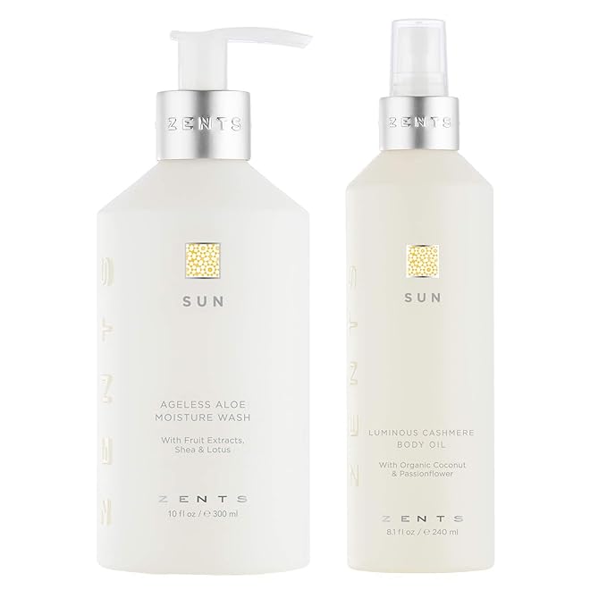 Zents Body Wash and Cashmere Oil Set (Sun Fragrance) Aloe Moisture Body Wash Soften and Moisturize Skin with Vitamin E and Organic Coconut Oil