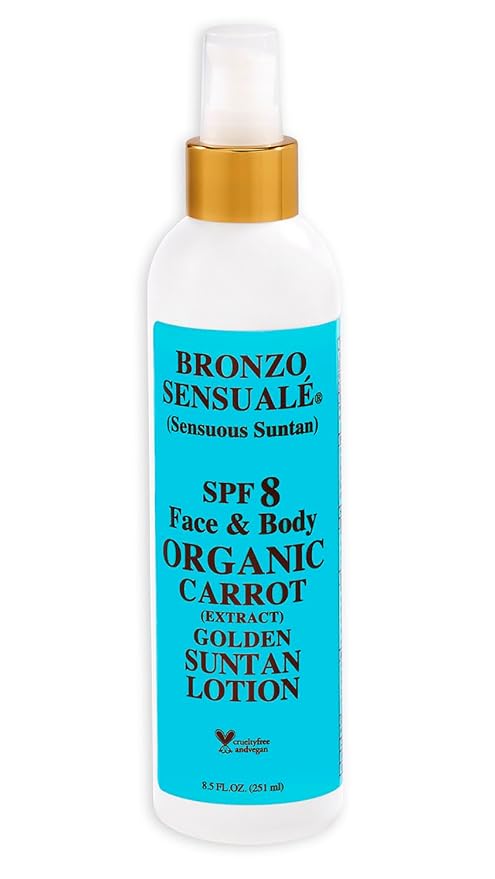 Tanning Lotion with SPF 8 Sunscreen Protection – Organic &amp Botanical Ingredients for a Sun-Kissed Glow – Moisturizing Non-Greasy Sun Care Carrot Lotion by Bronzo Sensuale 8.5 Fl Oz
