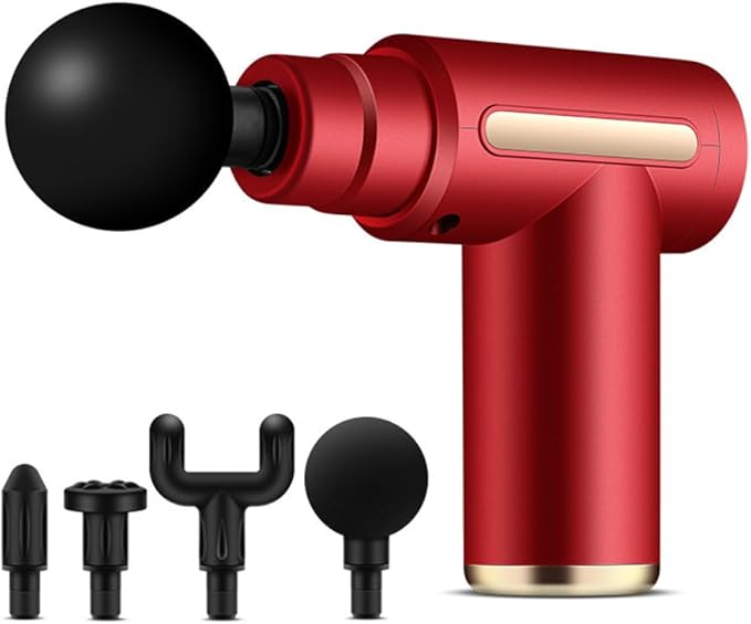 Handheld Massage Gun Deep Tissue 6-Speed Wireless Handheld Muscle Massager 4-Head Type c Charging Massage Gun Portable Whole Body Muscle Relaxation Massager Family Mini Fascia Gun (Red)