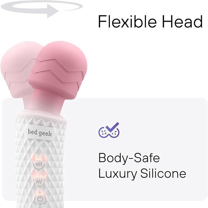 bed geek Handheld Cordless Personal Wand Massager – Waterproof USB Rechargeable 20 Vibration Patterns 8 Speeds Memory Feature Skin-Soft Silicone for Ultimate Relaxation Tool (White)