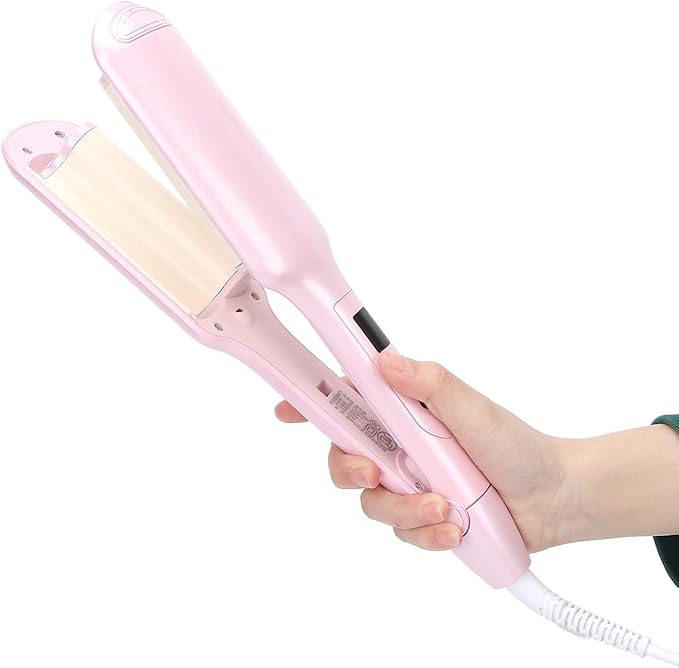 Hair Crimper- Beach Wave Hair Waver with Anti-Scald &amp Negative Ion Technology Ceramic Barrel for Tangle-Free Waves on All Hair Types Pink