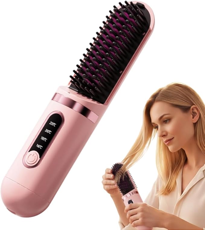 Cordless Hair Straightener Brush - Portable Hair Brush Straightener Cordless for Travel - 300 Million Negative Ions for Frizz-Free Shine Touch Up On-The-GoType-C RechargeableFast Heating (Pink)