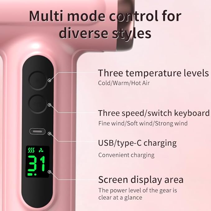 Cordless Pink Hair Dryer 15000mAh Rechargeable with USB Charging Cold &amp Hot Wind for Travel &amp Camping
