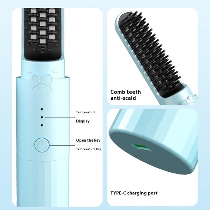 Portable Brush Styling Hair Care 2-in-1 Straightening Curling Drying Portable Brush Heated Hair Brush Adjustable Temperature Anti-Scald Cordless Hair Straightener (Blue)
