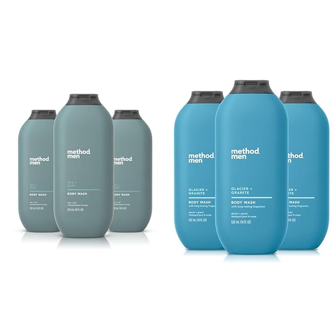 Method Men Body Wash Sea + Surf and Glacier + Granite Scents Paraben and Phthalate Free 18 FL Oz (Pack of 3) Plant-Based Cleansers