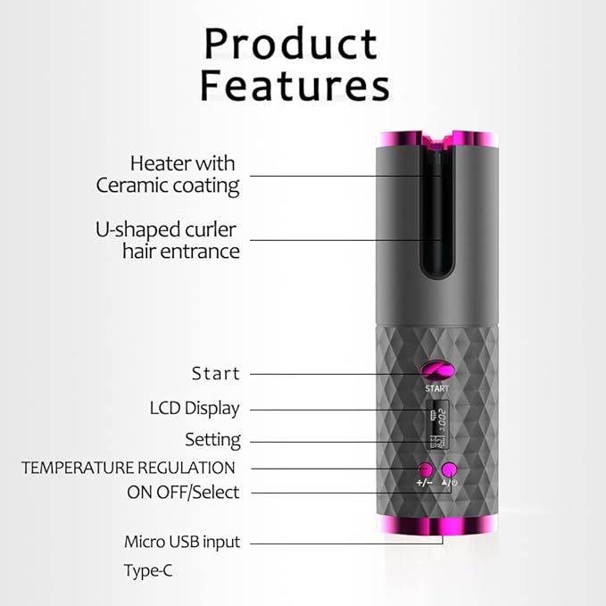 Automatic Curling Iron Hair Curling Iron for Hair Styling Cordless Auto Hair Curler with 6 Temps and Timers Auto Shut-Off Fast Heating Rechargeable Cordless Hair Curler 1 (Gray)