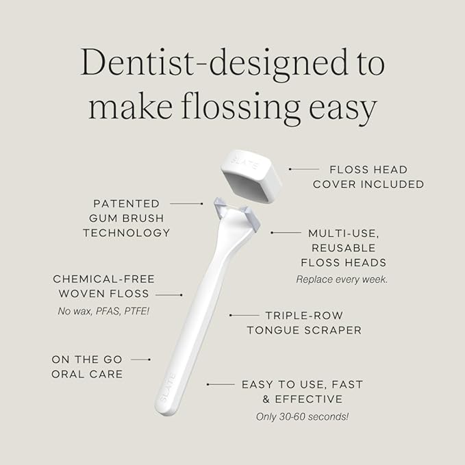 Slate Flosser Mini - Reusable Floss Pick with Gum Brush &amp Tongue Scraper Dentist-Invented PFAS/PTFE-Free Travel-Ready | White Mini Flosser 2-Pack