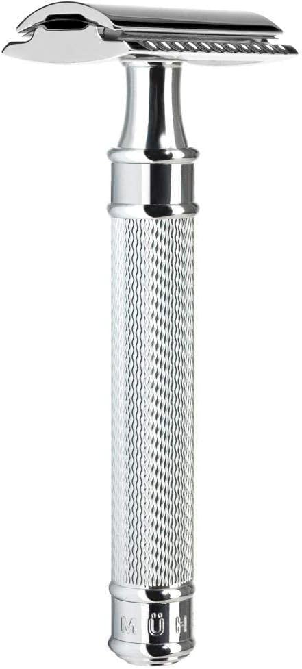 MÜHLE R 89 Shaving Set 5 Pieces - Safety Razor with Closed Comb Chrome-Plated Metal Blade Cream Cloth - Silver