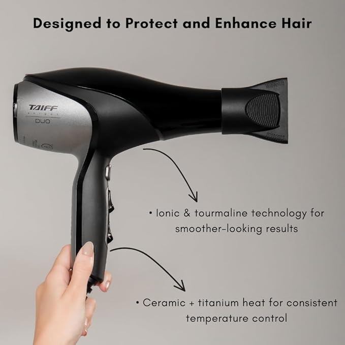 Taiff Unique Duo Professional Hair Dryer – 127V | 1875W Power | AC Motor | Tourmaline + Ionic &amp Ceramic Technology | Titanium Elements | 2 Concentrator Nozzles (Gray)
