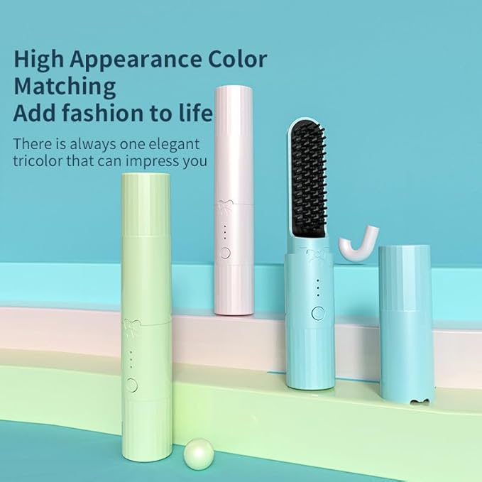 Portable Brush Styling Hair Care 2-in-1 Straightening Curling Drying Portable Brush Heated Hair Brush Adjustable Temperature Anti-Scald Cordless Hair Straightener (Blue)