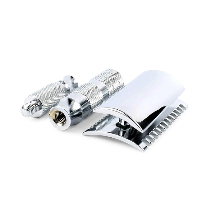 MERKUR 985C Travel Double Edge Safety Razor with Leather Case Four-Piece Compact Design Open Comb Bright Chrome Finish Made in Germany