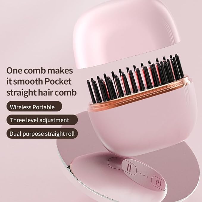 Mini Straightener Brush – Portable Hair Straightener Brush Fast Heating Mini Hair Straightener with 3-Speed Temperature Control &amp Anti-Scald Shell Compact Travel Hair Styling Comb (Pink)
