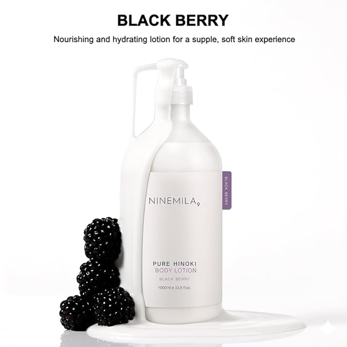 NINEMILA Pure Hinoki Body Care Set: 1000ml Vegan Body Wash (White Musk) &amp 1000ml Body Lotion (Blackberry) – Jeju Cypress Water (50000ppm) Hypoallergenic Spa Ritual for Sensitive Skin 2-Pack Bun