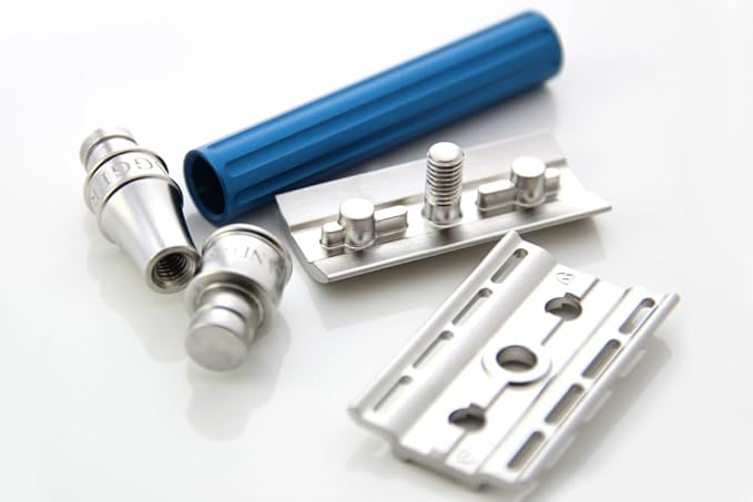 Edwin Jagger 3ONE6 DE Stainless Steel Safety Razor Grooved 1x Pack of DE Razor Blades (Anodized Blue)