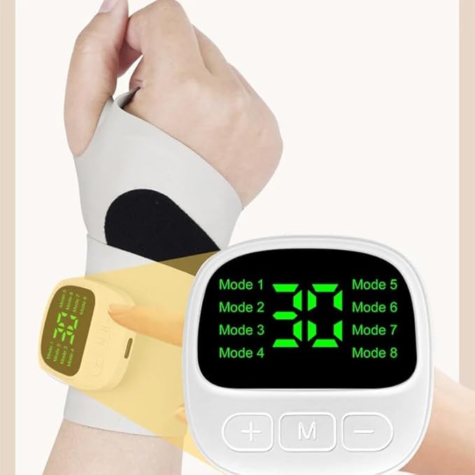 Rechargeable Adjustable Electric Wrist Massager Ergonomic 360° Support Portable Cordless Hand Heating Pad with 8 Modes 30 Intensity Levels for Hand Pain Relief Magnetic Detachable Host (Blue)