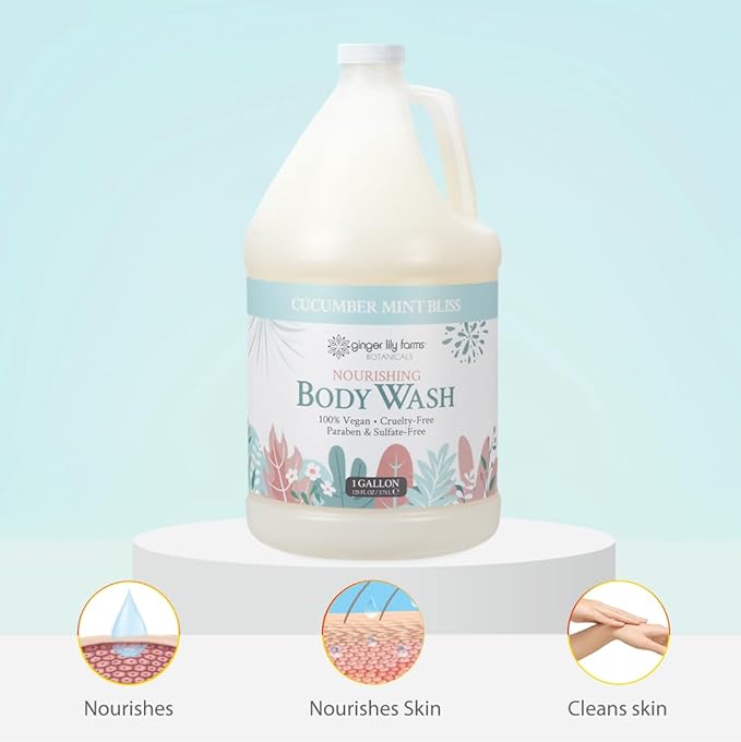 Ginger Lily Farms Botanicals Nourishing Body Wash 100% Vegan &amp Cruelty-Free Cucumber Mint Bliss Scent 1 Gallon (128 fl oz) Refill