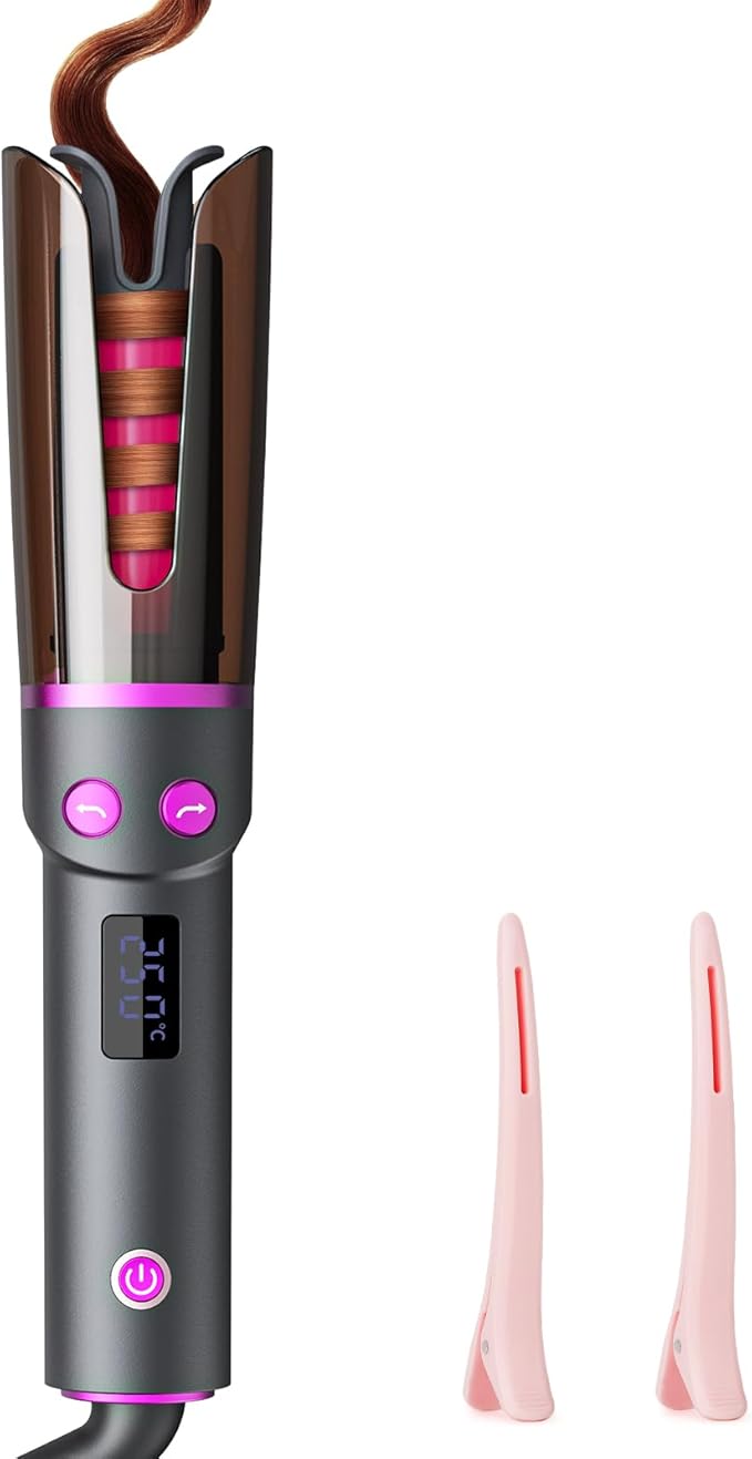 Negative Ion Automatic Rotating Curling Iron – Smart Tangle-Free Dual Voltage Anti-Scald Portable Ceramic-Coated Auto Hair Curler for Travel &amp Home Use（1inch