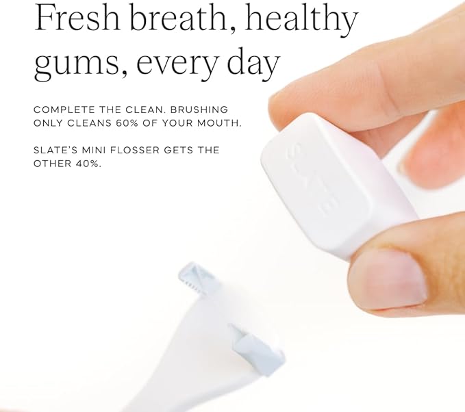 Slate Flosser Mini - Reusable Floss Pick with Gum Brush &amp Tongue Scraper Dentist-Invented PFAS/PTFE-Free Travel-Ready | White Mini Flosser 2-Pack