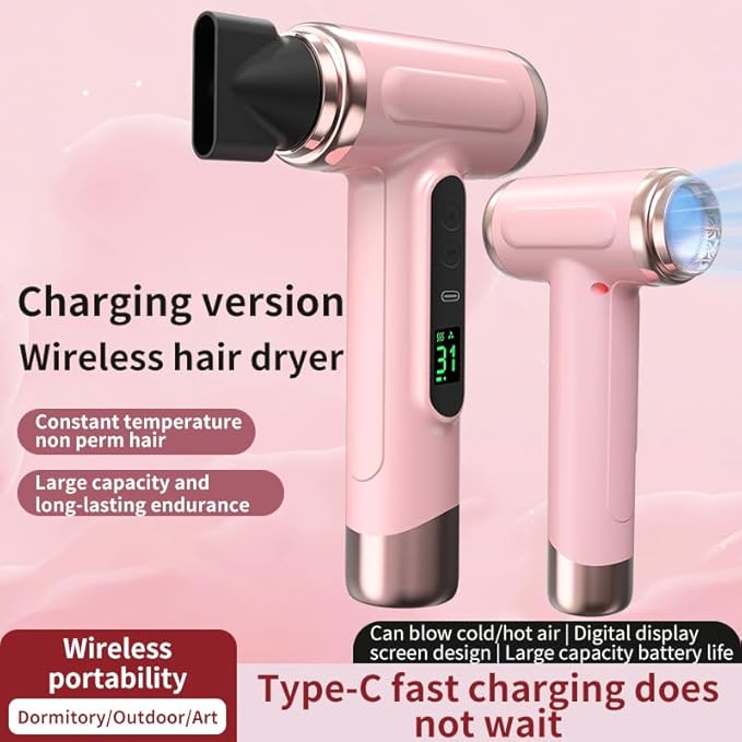 Cordless Pink Hair Dryer 15000mAh Rechargeable with USB Charging Cold &amp Hot Wind for Travel &amp Camping