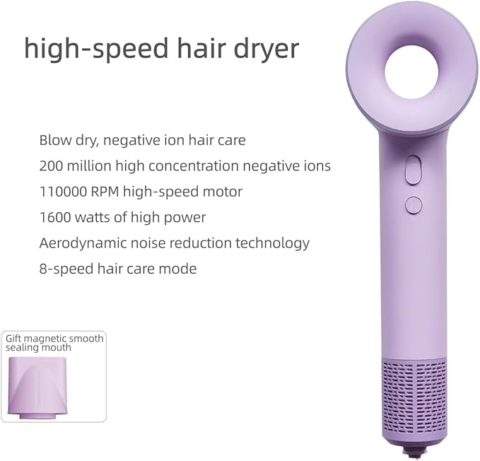 Professional Hair Dryer 1600W High-Speed Ionic Dryer with 8 Speeds Negative Ion Technology Low Noise Design Multiple Colors (Purple)