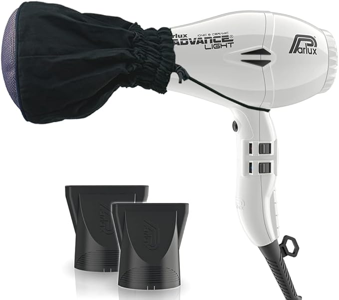 Parlux Advance Light White Ionic &amp Ceramic Hair Dryer + M Hair Designs Metal Mesh Diffuser (Bundle) – Lightweight Fast-Drying Frizz-Control Blow Dryer for Salon-Quality Styling