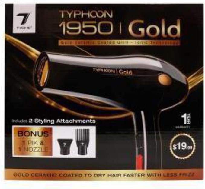 Typhoon Gold Ceramic Coated Grill Hair Dryer with Styling attachments