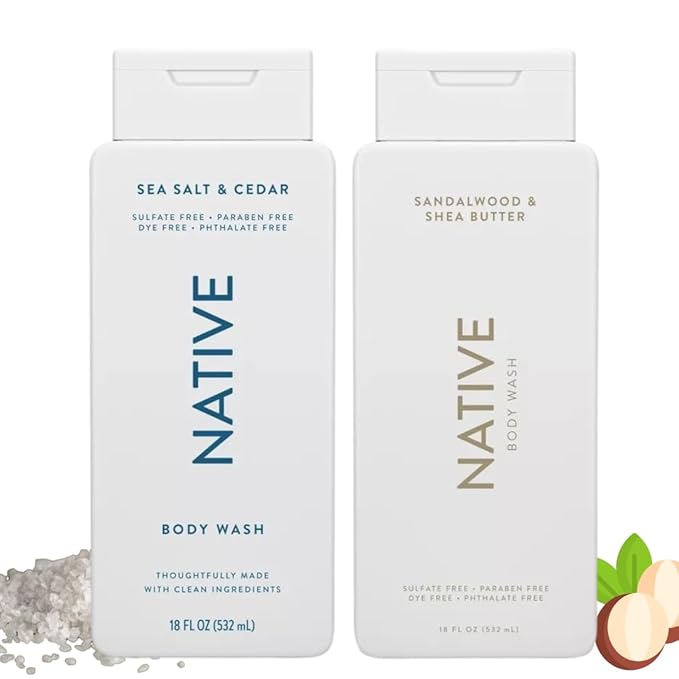 Native Body Wash 2 Pack - Sandelwood and Shea Butter &amp Sea Salt and Cedar 18oz Clean Body Cleanser Sulfate-Free Paraben-Free Formula for All Skin Types