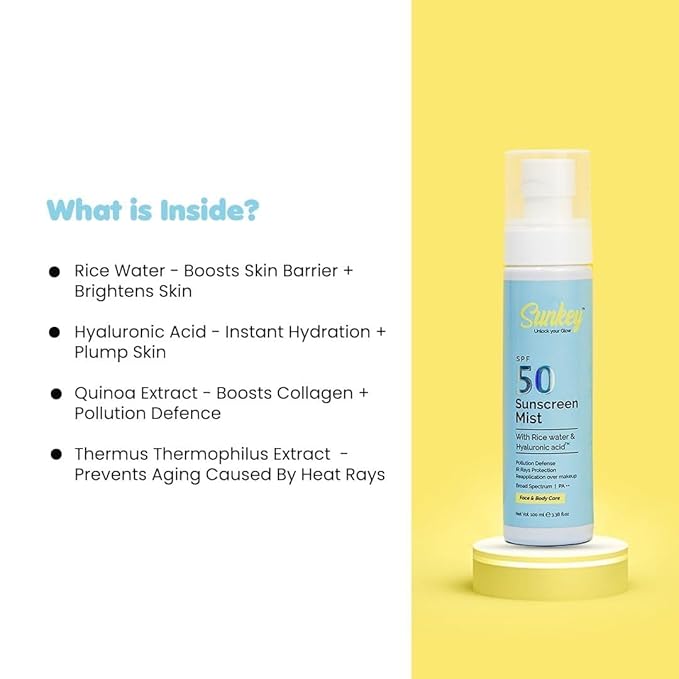 Sun-key Sunscreen Mist SPF 50 PA++ with Hyaluronic Acid &amp Rice Water | Water-Based UV Spray for Face &amp Body | Pollution Defence Heat Ray Shield | Non-Greasy Hydrating SPF Mist | 100ml