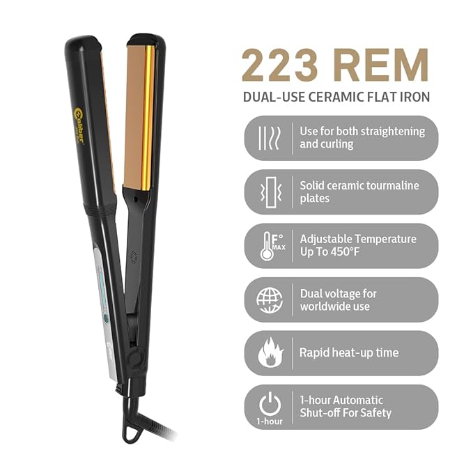 Caliber Pro 223 Ren 1” Dual-Use Flat Iron – Professional Tourmaline Ceramic Straightener &amp Curler 450°F Adjustable Heat Dual Voltage Anti-Frizz Salon Styling Tool for Stylists and Barbers