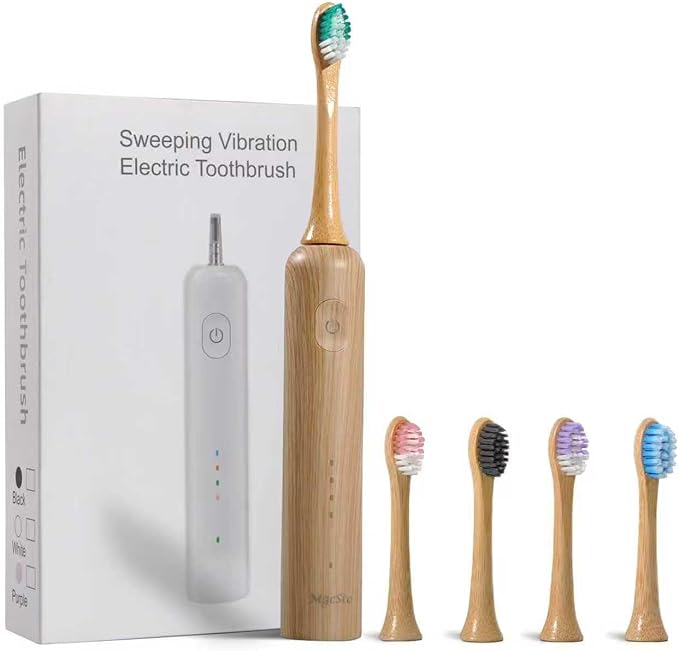 Oscillating Ultrasonic Electric Toothbrush with Bamboo Brush Heads (5 Pack) Sweeping &amp VibratingType-C Rechargeable IPX7 Waterproof 4 Modes for Optimal Oral Care - Perfect Holiday Gift